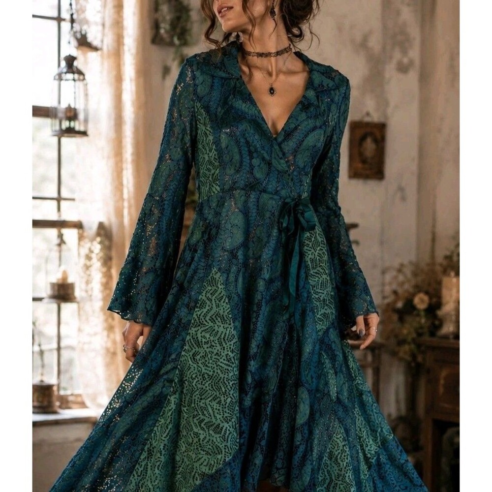 Pyramid Collection Lace Wrap Dress Womens 1X Teal Paisley Flowy Long Sleeve